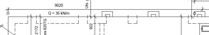 Teknisk ritning, linjer, symboler, måttangivelser, lastvärde Q=36 kN/m, ingenjörskonst.