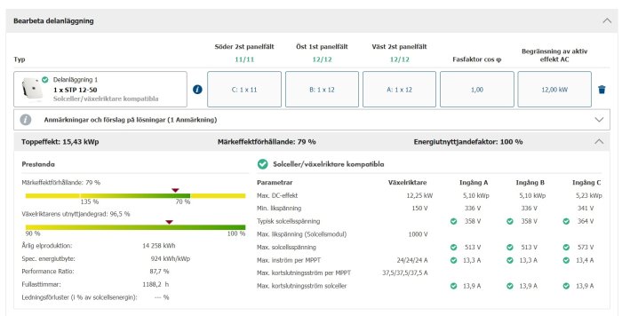 Skärmdump av solenergisystem: prestanda, konfiguration, tekniska specifikationer och effektivitetsmätningar.