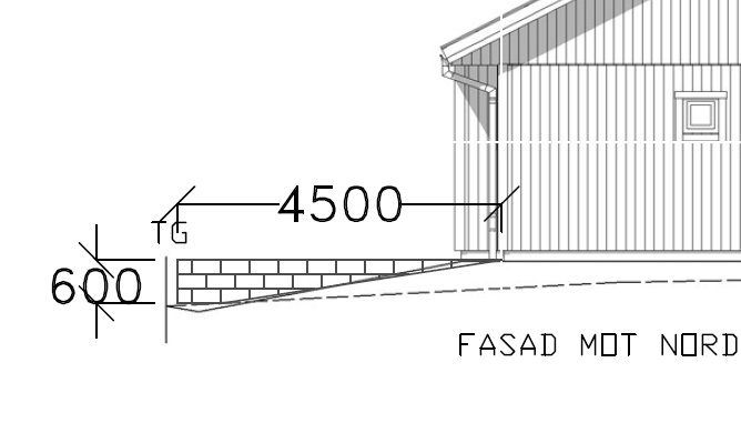 Arkitektonisk ritning, fasad mot norr, måttsatt längd och höjd, mönstrad bakgrund, modern stil, inget foto.