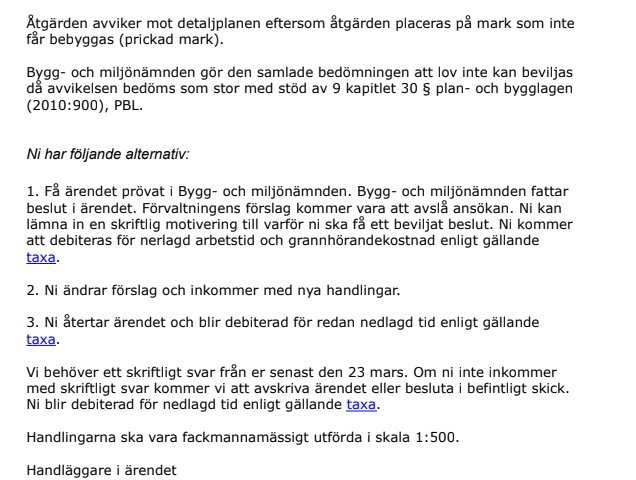 Svensk text om bygglovsärende med alternativ och deadline. Innehåller juridiska termer och taxebeskrivning.