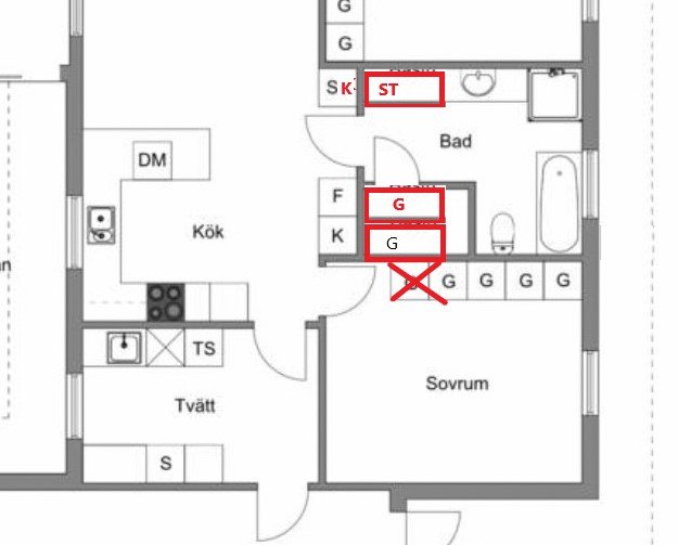 Arkitektritning över en lägenhet med markerade platser, möjligen för möblering eller renovering.