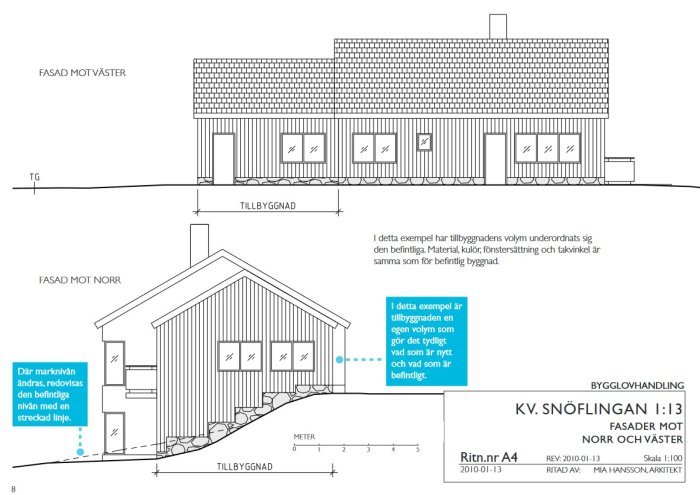 Arkitektritningar av en byggnadstilbyggnad i profil och plan, med markering för befintlig konstruktion.