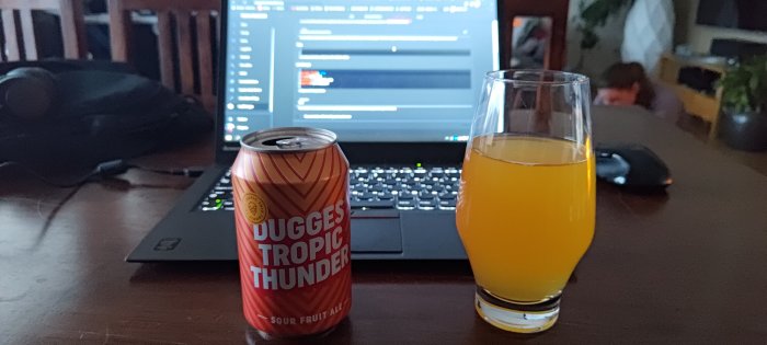 Ölburk, glas med dryck, bärbar dator, möss, otydlig person i bakgrunden, inomhusmiljö.