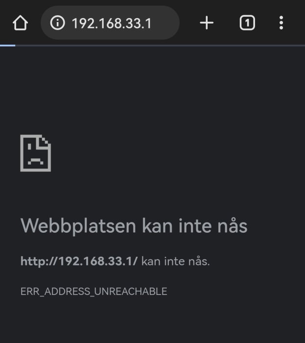 En skärmdump som visar ett felmeddelande "Webbplatsen kan inte nås" med IP-adressen och felet ERR_ADDRESS_UNREACHABLE.