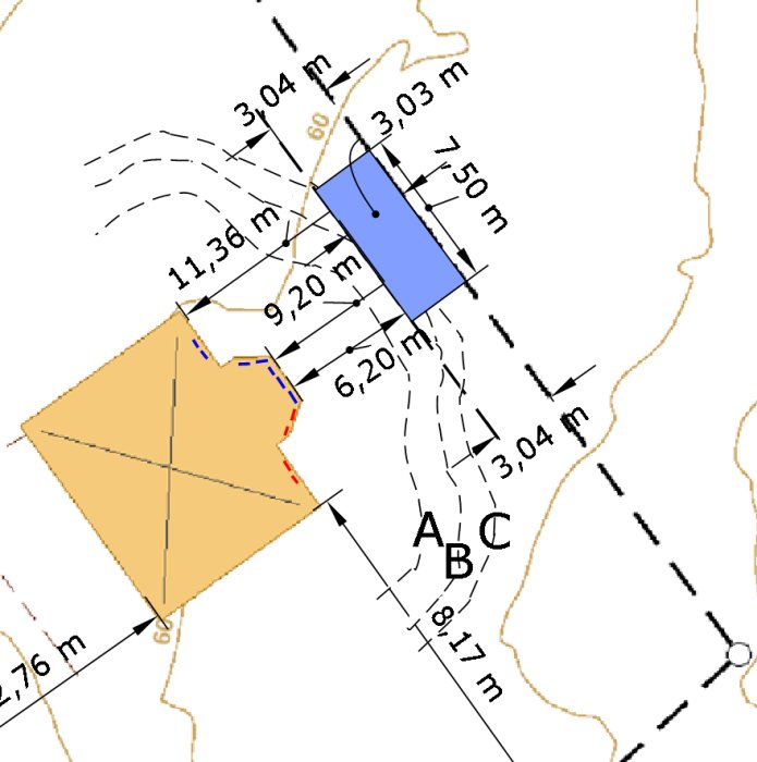 Kartutdrag med mätningar, konturlinjer, två polygoner, och markeringar "A, B, C".