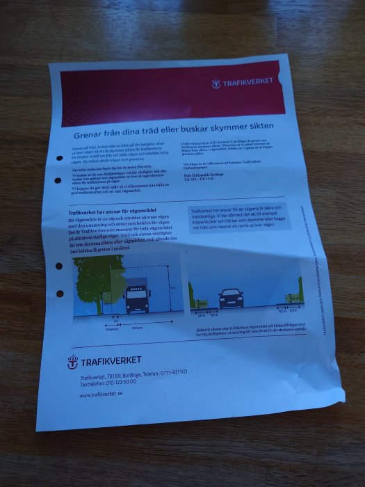 Ett informationsblad från Trafikverket om siktproblem orsakade av träd och buskar nära vägar.