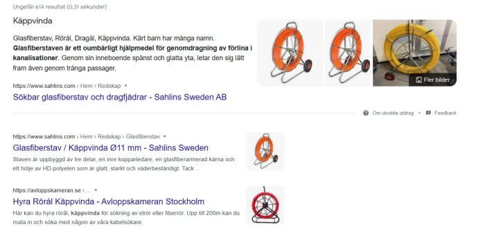 Skärmdump av sökresultat visar rörrensningsverktyg på hjul; text beskriver glasfiberstavar för rördragning.