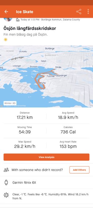 Aktivitetsspårning av långfärdsskridskoåkning på Ösjön, statistik och väderdata visas.