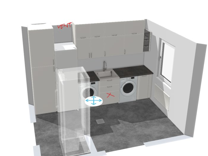 3D-modell av kök med vitvaror, överskåp, ventilationssymbol, och transparent dörröppning.