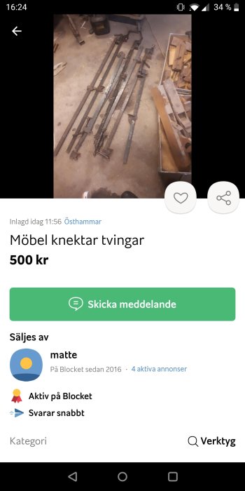 Begagnade möbelklämmor och tvingar på ett verkstadsgolv till salu via Blocket-annons för 500 kr.