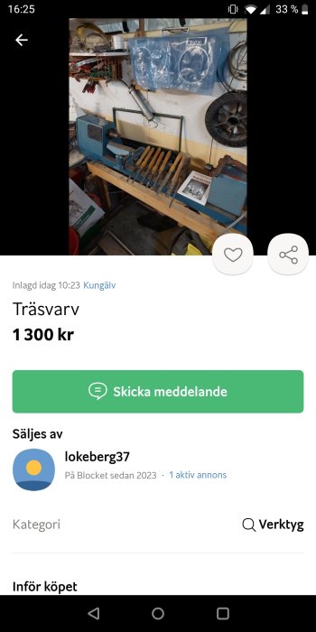 Verkstadsmiljö, trävarv och verktyg till salu annonserad på Blocket för 1300 kronor.