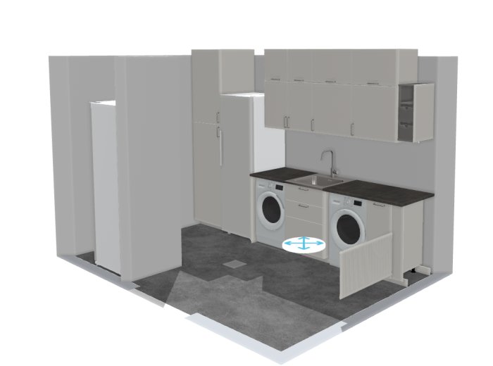 3D-modell av ett kök med tvättmaskin, torktumlare, diskbänk och överskåp, i neutralt färgschema.