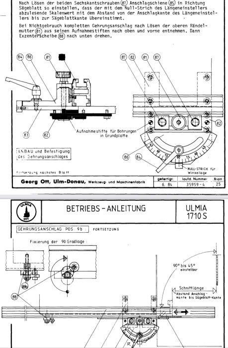 Teknisk manual för justering av sågutrustning med diagram och instruktioner på tyska, från Ulmia Ott.