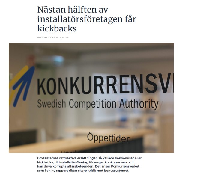 Logotyp i fokus, text oskarp i bakgrunden, artikelrubrik om företag, konkurrens, kickbacks.