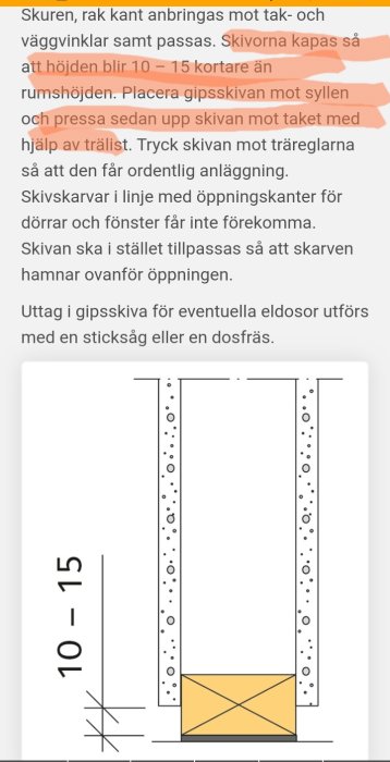 Instruktion och illustration för montering av gipsskiva med måttangivelser och skruvplacering i konstruktion.