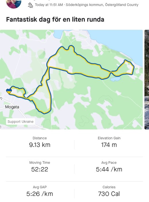 Löprunda-tracking-app, 9,13 km, tid 52:22, höjd 174 m, fart 5:44/km, kalorier 730.