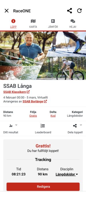 Skärmdump från RaceONE-appen, innehåller information om ett virtuellt längdskidlopp, inklusive distans och sluttid.