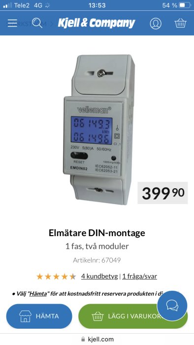 En elmätare för DIN-skenmontering visas på en webbutiksida, med pris och produktinformation synlig.