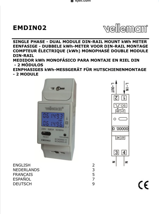 Enfasig energimätare för DIN-skenmontering, digital display, flerspråkig produktinformation, Velleman-märke, CE-märkt.