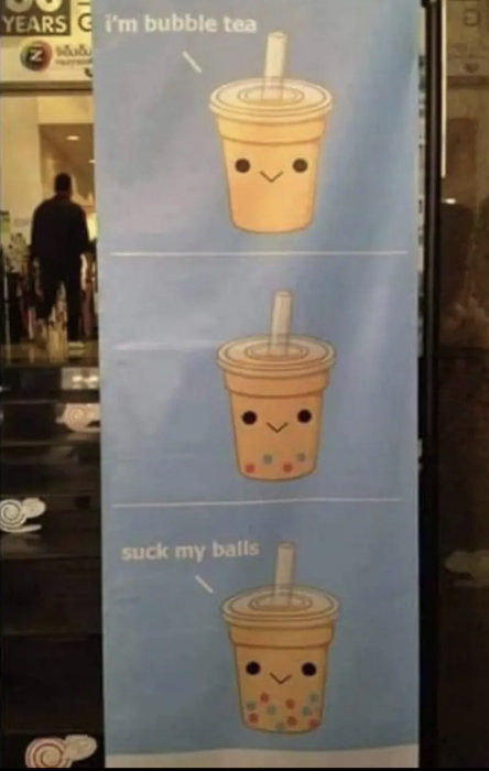 En bild med tre leende bubble tea-illustrationer, med en text som leker med ord.