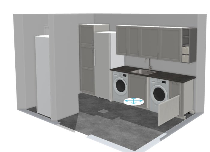 3D-rendering av ett tvättstuga med tvättmaskiner, skåp, och handfat, neutralt färgschema, modern design.