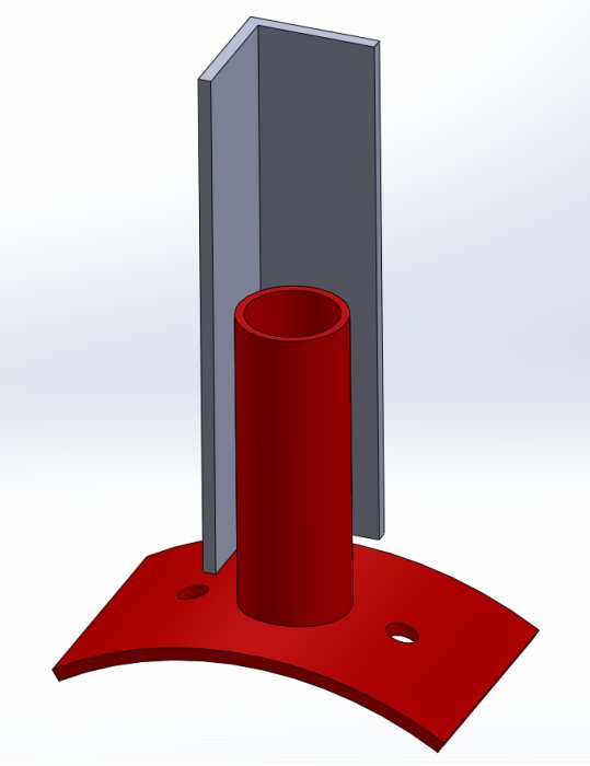 Digital illustration av en röd cylinder och en grå rektangel på en röd basplatta med hål.