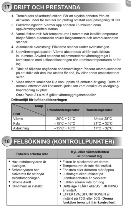 Svensk manual för drift och felsökning av luftkonditioneringsenhet, driftsprestanda och driftsmiljötabeller inkluderade.