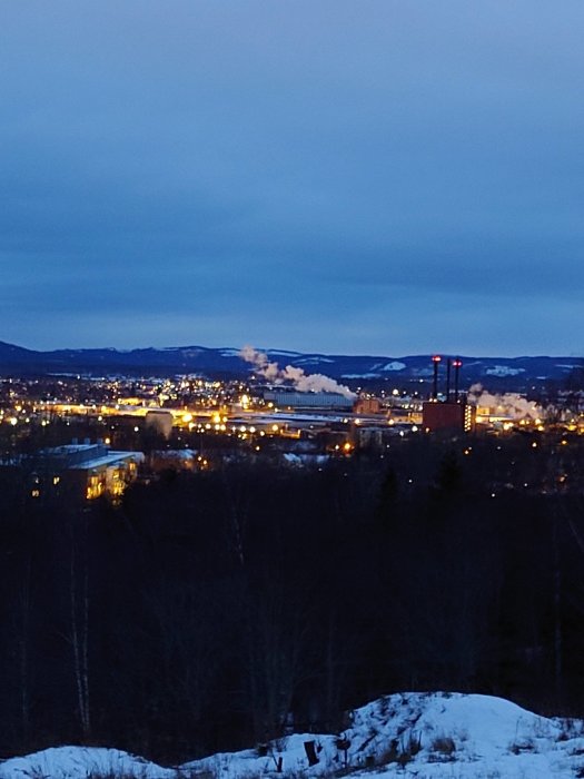 Kvällsvy över en upplyst stad med industri, skog i förgrunden och berg i bakgrunden.