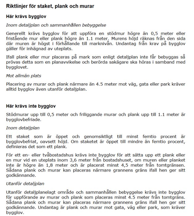 Textdokument med riktlinjer för staket, plank och murar; innefattar information om bygglov.