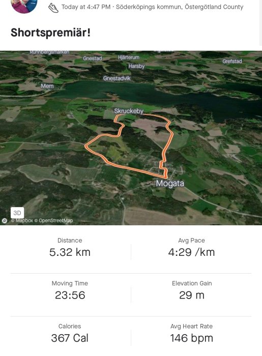 Löprunda spårning; 5.32 km; genomsnittsfart 4:29/km; Söderköpings kommun; höjningsvinst 29 m.