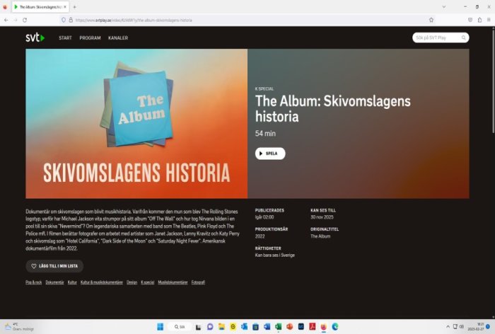 Webbsida för SVT Play om dokumentären "The Album: Skivomslagens historia", information, play-knapp, grafik.