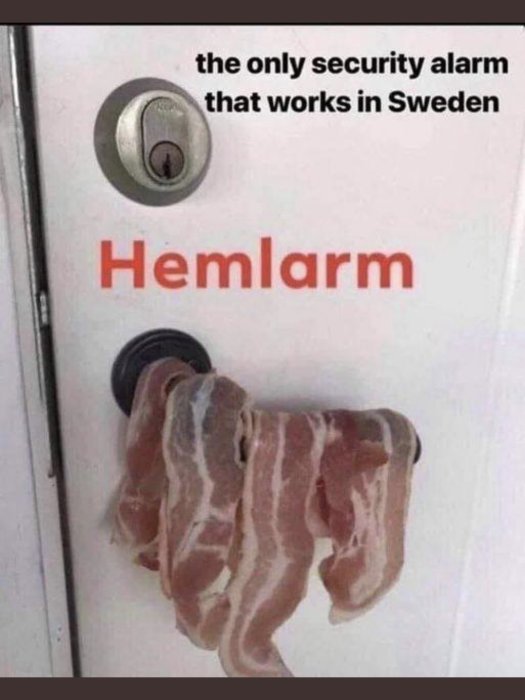 Skämtsam bild med bacon på dörrhandtag, ordet "Hemlarm" ovanför, hänvisar till svenskt säkerhetssystem.