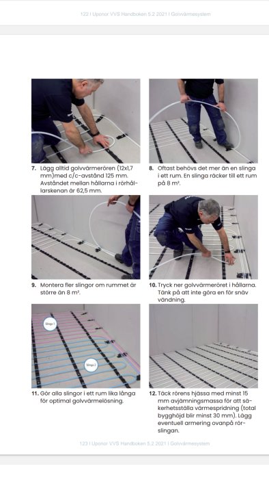 Installation av golvvärme med rör och fästsystem som visas steg för steg på bilder.