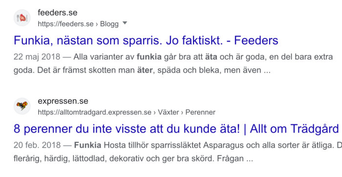 Webbsökresultat om ätliga växter, funkiablommor liknas vid sparris, artiklar om trädgårdsväxter.