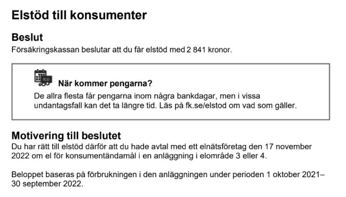 Dokument om elstöd, beslut från Försäkringskassan, motivering, utbetalning av 2 841 kronor, svenska text.