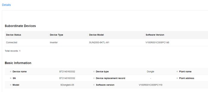 Skärmdump av enhetsinformation, status, serienummer och mjukvaruversion för ett anslutet system.