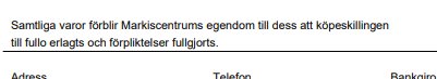 Textutdrag om ägandeöverföring vid köp, åtaganden, adress, telefon, bankinfo.