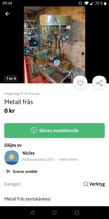 En äldre metallfräs erbjuds gratis på en säljplattform, placerad i ett verkstadsrum.