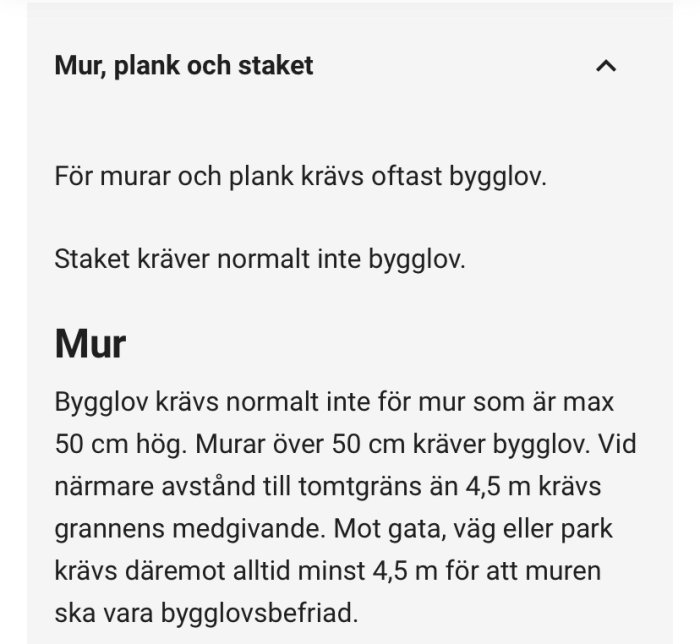 Svensk text om regler för bygglov gällande murar, plank och staket.