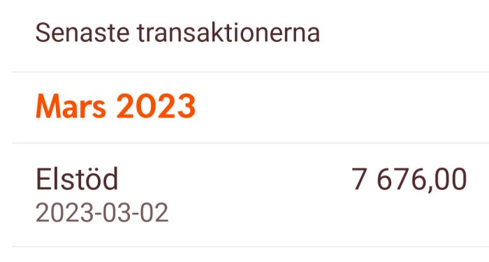 Skärmdump på transaktionshistorik, "Mars 2023", post om "Elstöd", belopp på 7 676,00 kronor.