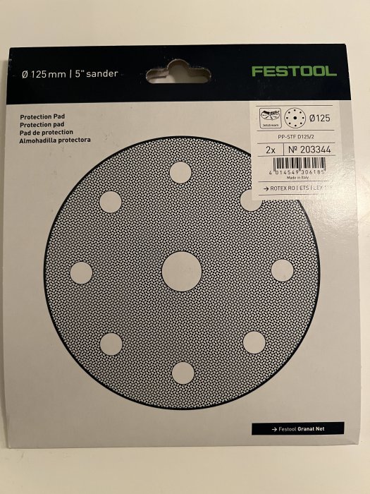 Skyddskuddar för slipmaskin, Festool-märke, 125 mm, nätstruktur, flerspråkig etikett, två i förpackningen.