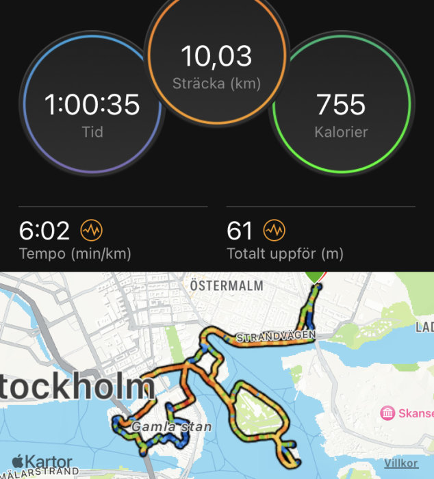 Skärmavbild från fitness-app visar löprunda i Stockholm, tid, distans, kalorier, tempo och höjdförändringar.