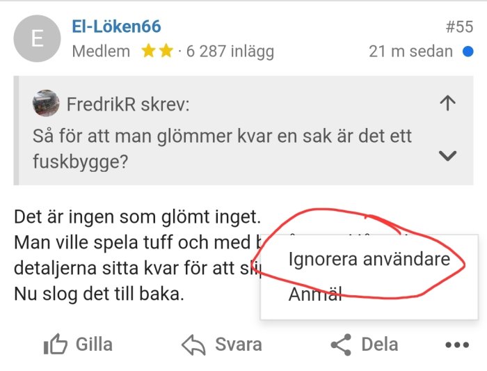 Skärmdump av forumtråd med kommentarer och "Ignorera användare"-pop-up markerad.