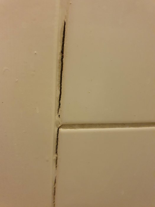 Närbild på en vit kakelvägg med en synlig spricka vid fogarna.