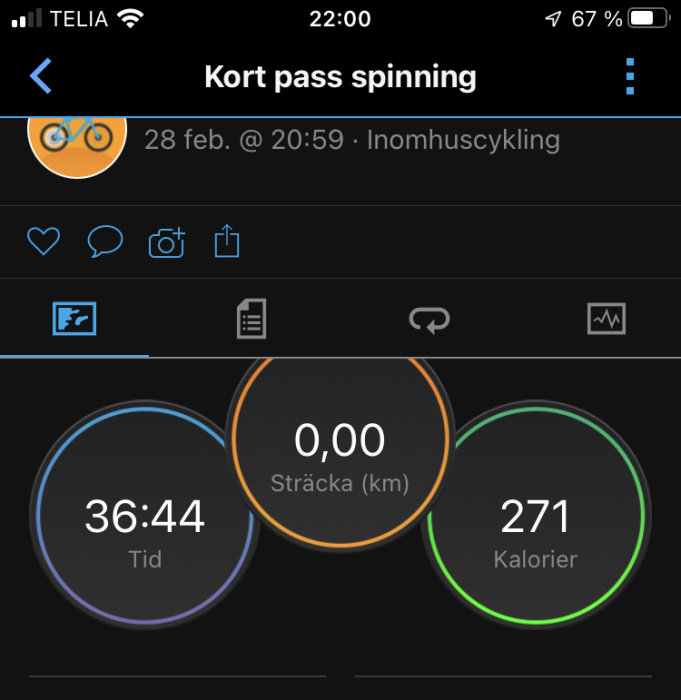 Skärmavbild av träningsapp, visar spinning-session, tid 36:44, 0 km avverkat, 271 förbrända kalorier.