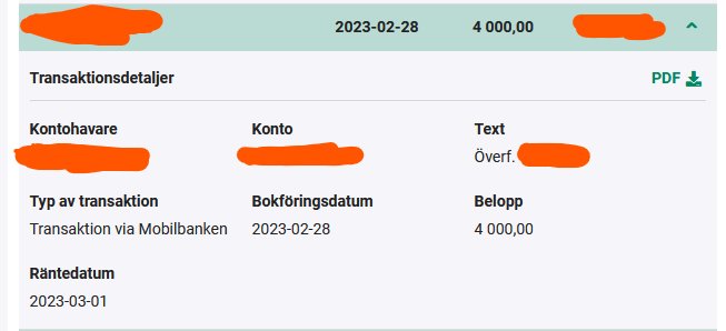 Skärmdump av banktransaktion, överföring via mobilbank, datum, belopp, persondata suddat.