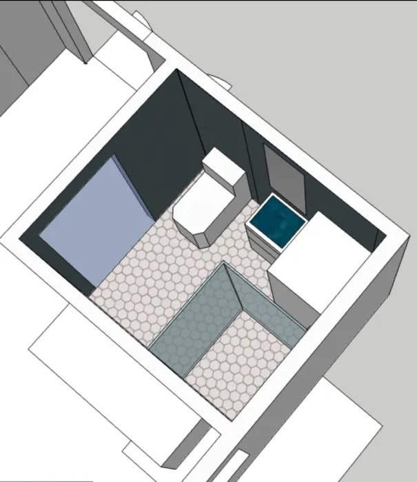 3D-ritning av ett modernt badrum med dusch, badkar, toalett och tvättställ. Grafisk representation, gråskala med blått.