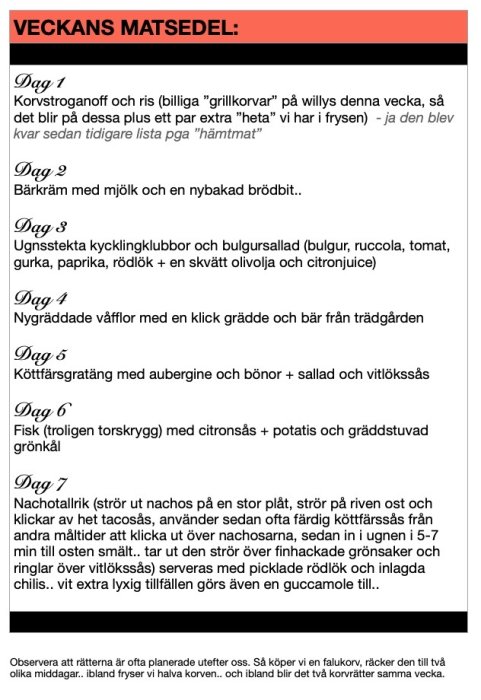 Textdokument med en veckomatsedel, innehållande sju dagars varierade måltider och instruktioner på svenska.