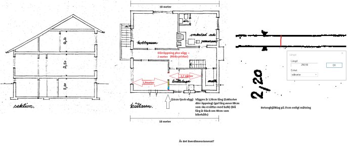 Arkitektoniska ritningar av en byggnad med måttangivelser, sektion och planlösning, samt mätverktyg på skärmen.