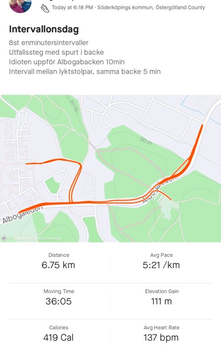 Karta, löprunda, intervallträning, sträcka 6,75 km, tid 36:05, höjdstigning 111 m, kaloriförbrukning, hjärtfrekvens.